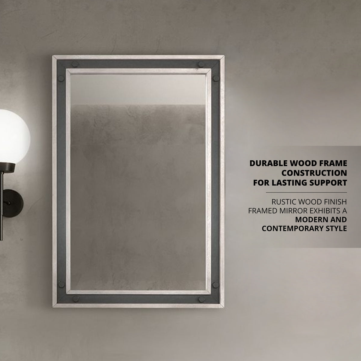 Lexora Ziva 22 in W x 32 in H Rustic Barnwood Mirror with Black Metal Inlay