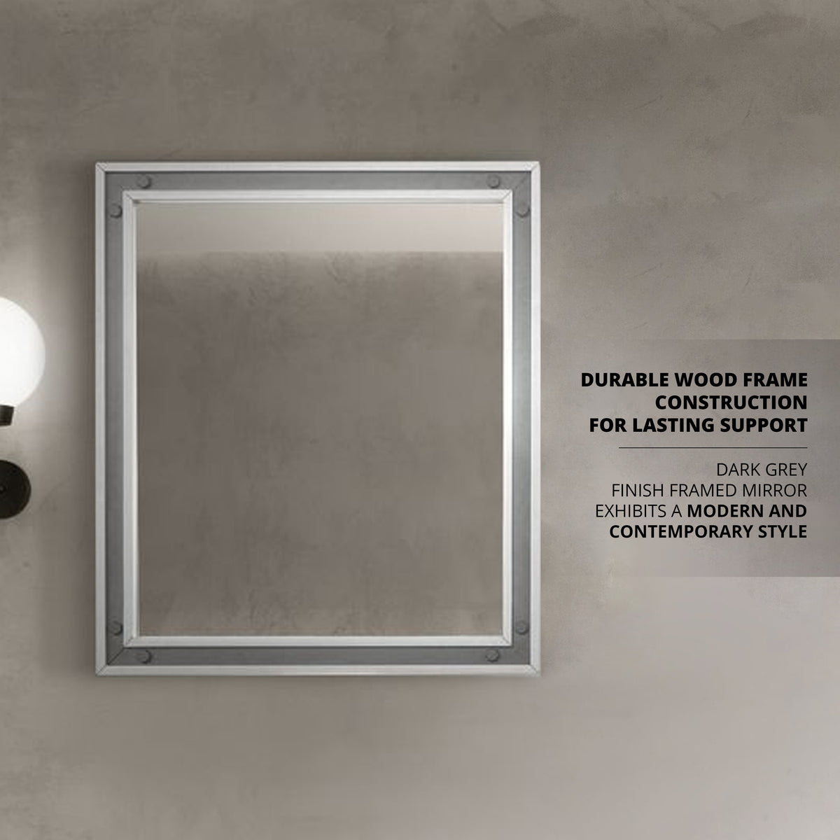 Lexora Ziva 30 in W x 32 in H Dark Grey Mirror with Black Metal Inlay