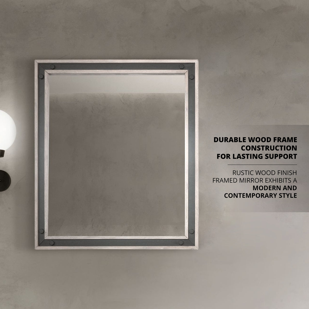 Lexora Ziva 30 in W x 32 in H Rustic Barnwood Mirror with Black Metal Inlay