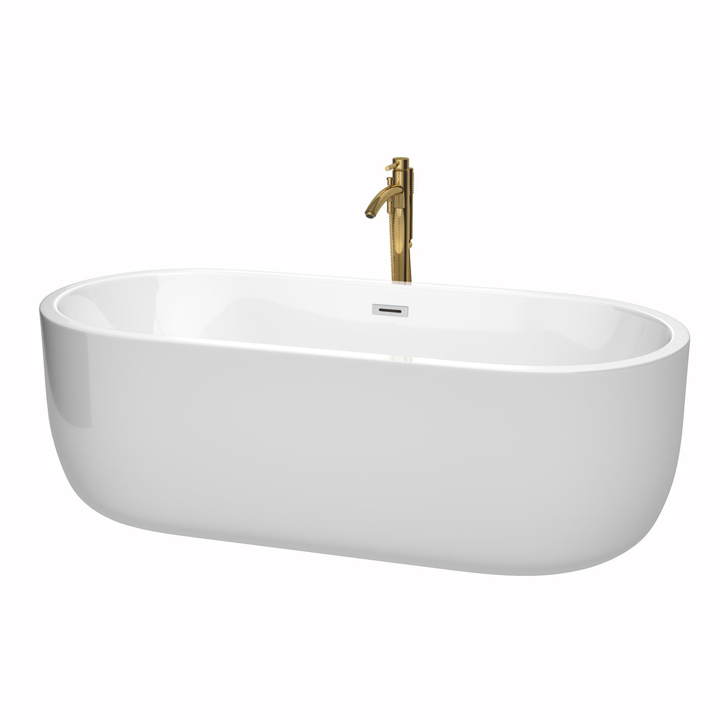 Juliette 71 Inch Freestanding Bathtub in White with Polished Chrome Trim and Floor Mounted Faucet in Brushed Gold