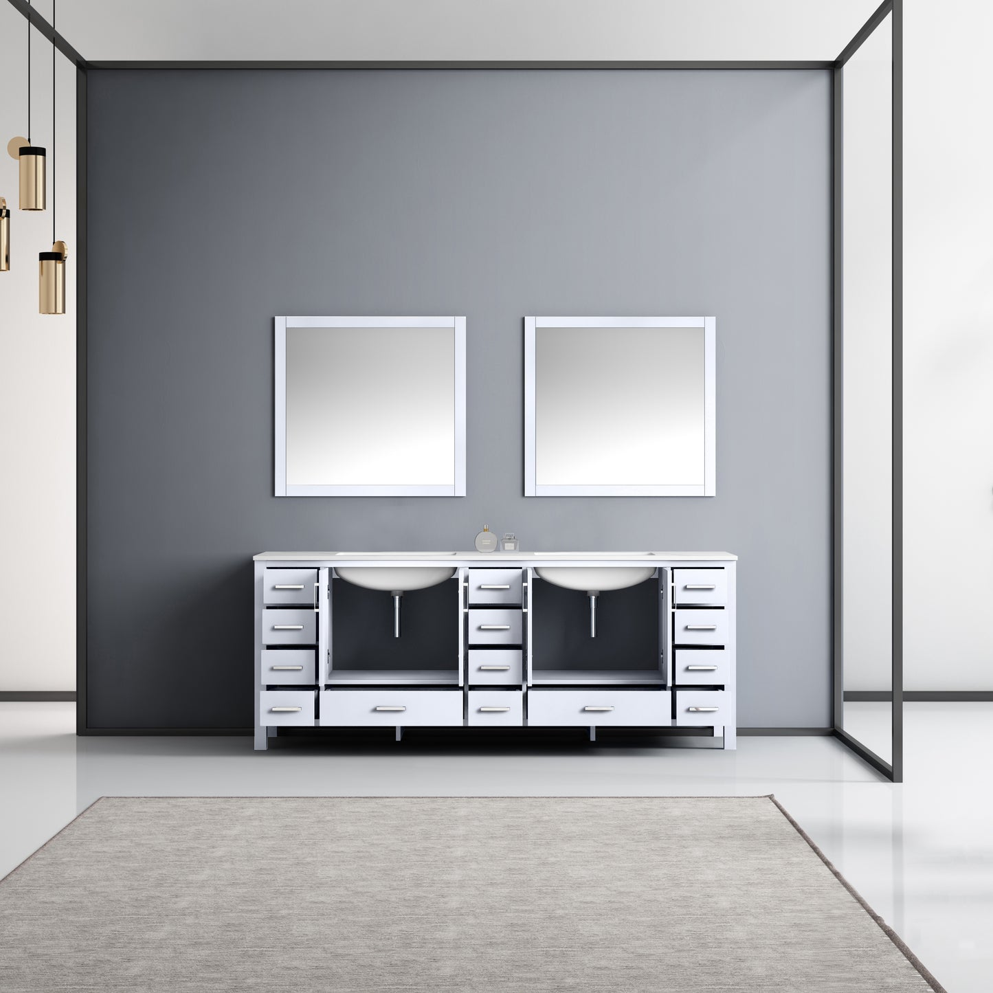 Jacques 84" White Double Vanity, White Carrara Marble Top, White Square Sinks and 34" Mirrors