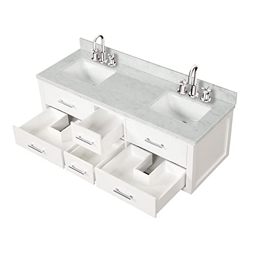 Lexora Castor Bath Vanity, Carrara Marble Top, Faucet Set, and 28 in Mirrors