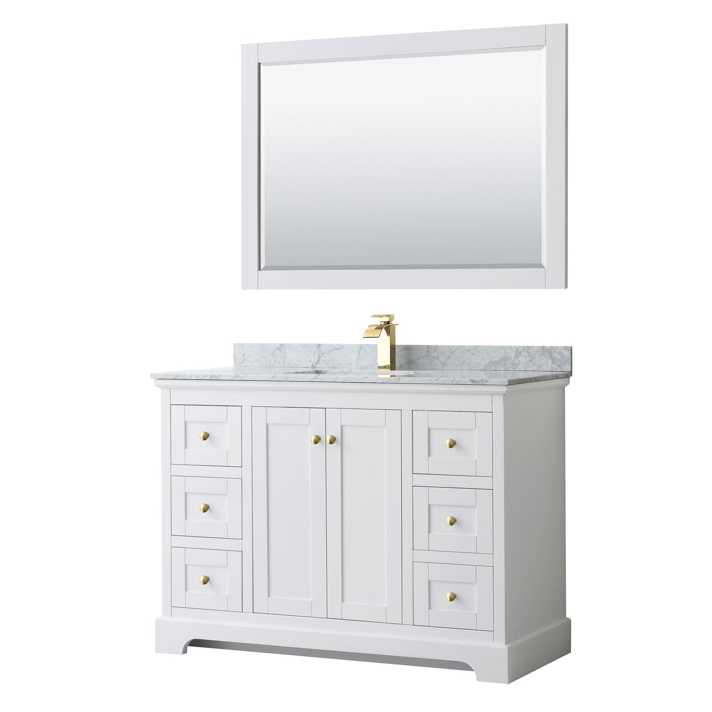 Avery 48 Inch Single Bathroom Vanity in White, White Carrara Marble Countertop, Undermount Square Sink, 46 Inch Mirror, Brushed Gold Trim
