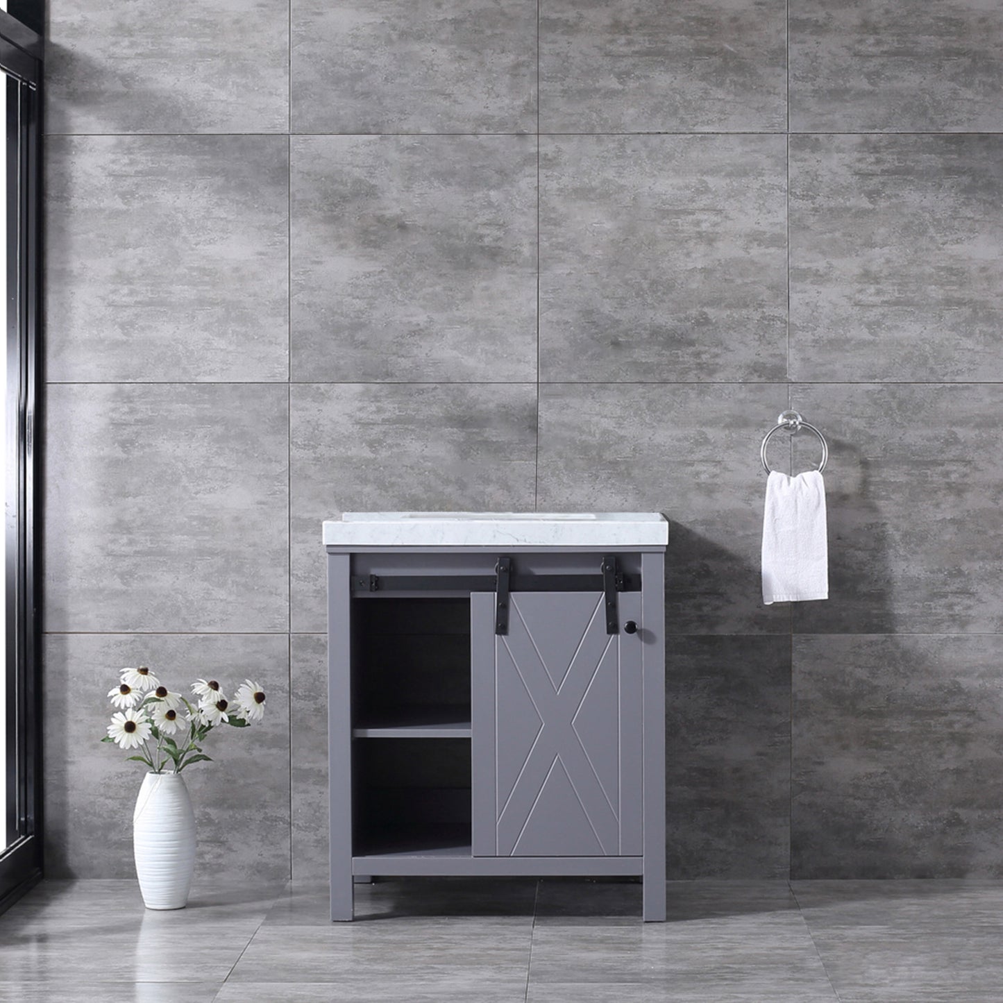 Marsyas 30" Dark Grey Single Vanity, White Carrara Marble Top, White Square Sink and no Mirror
