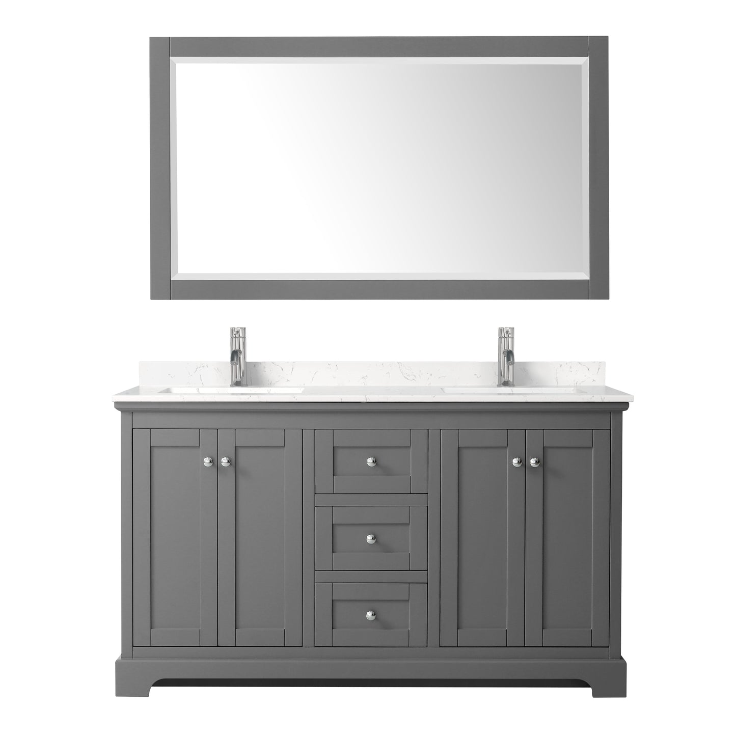 Avery 60 Inch Double Bathroom Vanity in Dark Gray, Carrara Cultured Marble Countertop, Undermount Square Sinks, 58 Inch Mirror