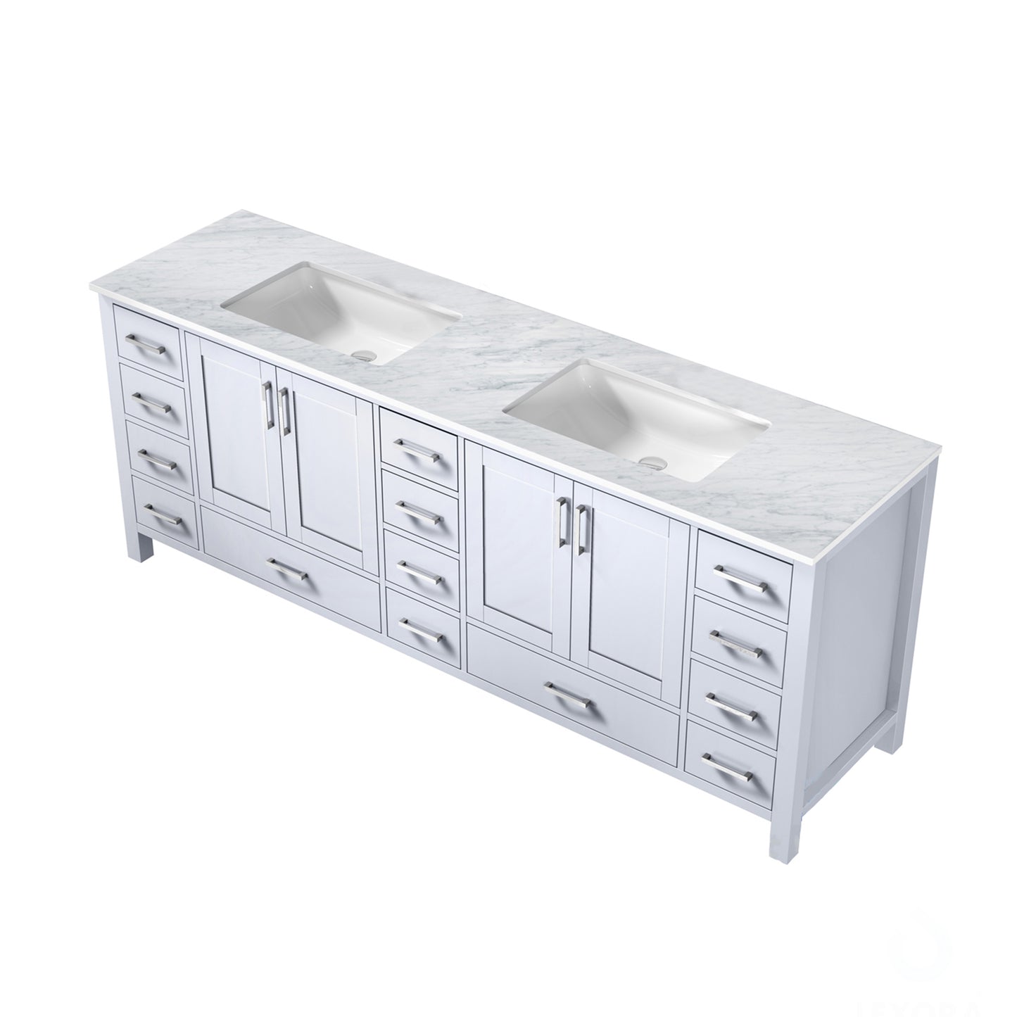 Jacques 84" White Double Vanity, White Carrara Marble Top, White Square Sinks and no Mirror