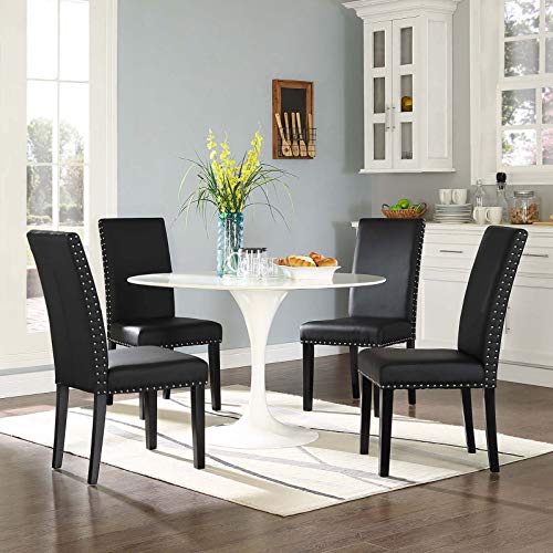 Modway Parcel Modern Upholstered Vinyl Parsons Dining Chair with Polished Nailhead Trim and Wood Legs in Black