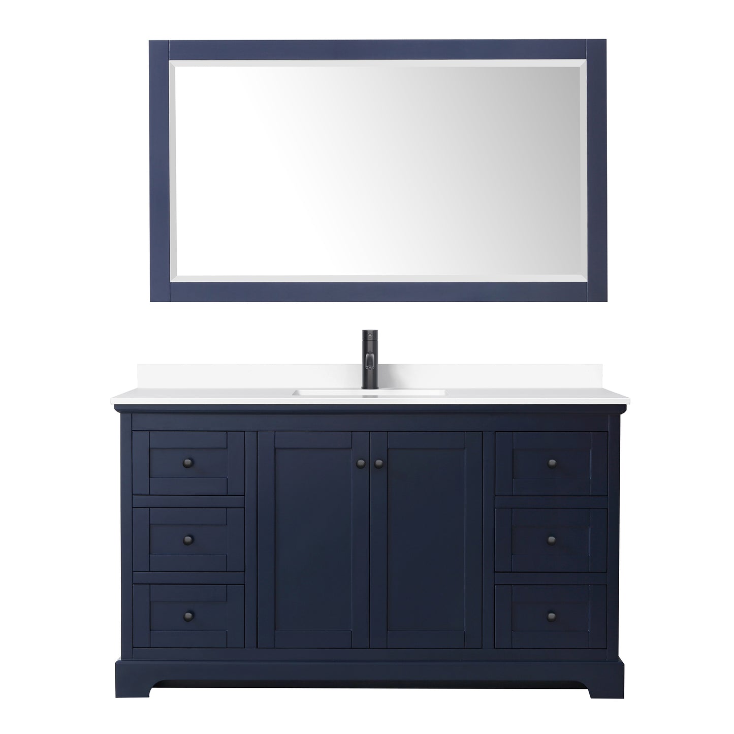 Avery 60 Inch Single Bathroom Vanity in Dark Blue, White Cultured Marble Countertop, Undermount Square Sink, Matte Black Trim, 58 Inch Mirror