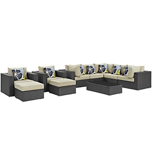 Modway Sojourn Casual Seating 10 Piece Outdoor Patio Rattan Sectional Set with Sunbrella Brand Tuscan Orange Canvas Cushions