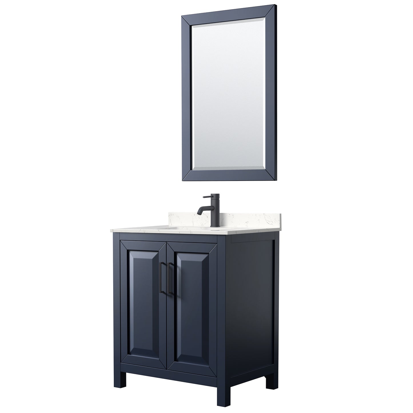 Daria 30 Inch Single Bathroom Vanity in Dark Blue, Carrara Cultured Marble Countertop, Undermount Square Sink, Matte Black Trim, 24 Inch Mirror