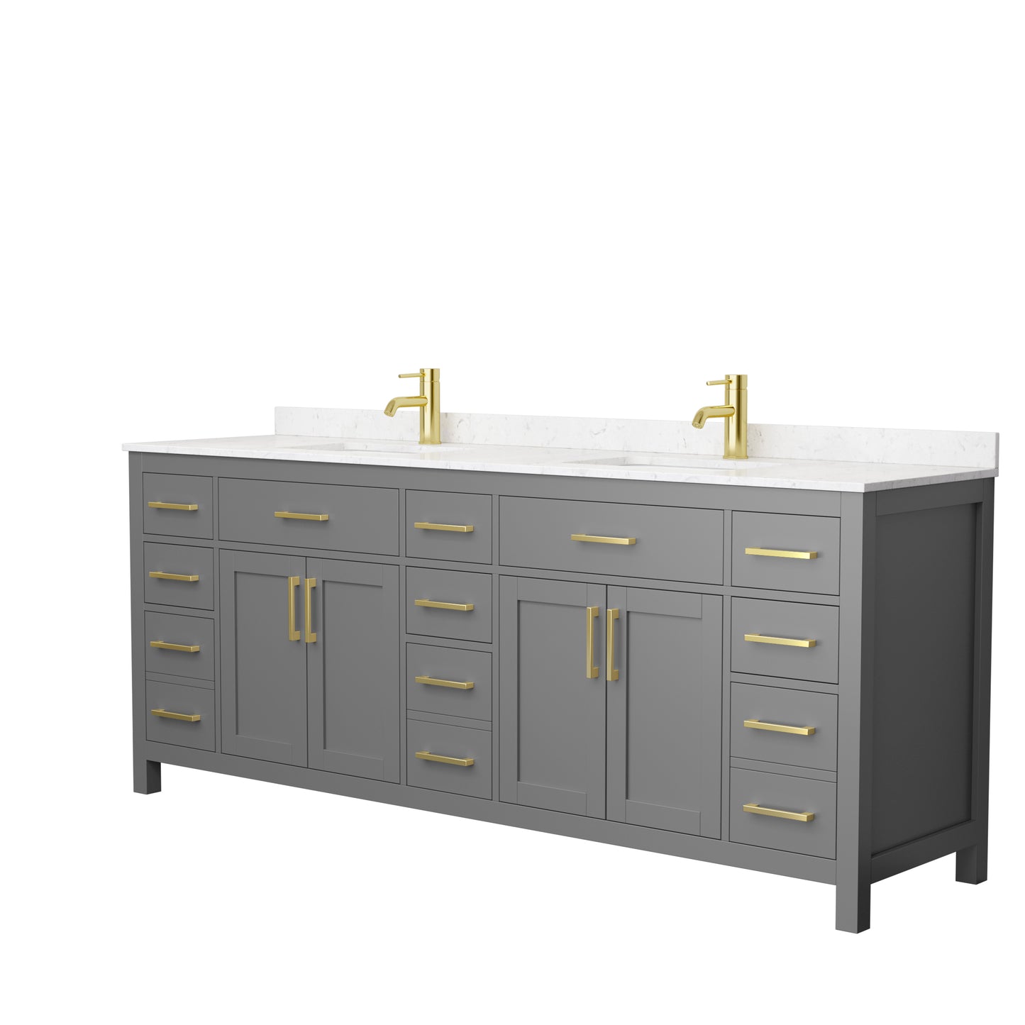 Beckett 84 Inch Double Bathroom Vanity in Dark Gray, Carrara Cultured Marble Countertop, Undermount Square Sinks, Brushed Gold Trim