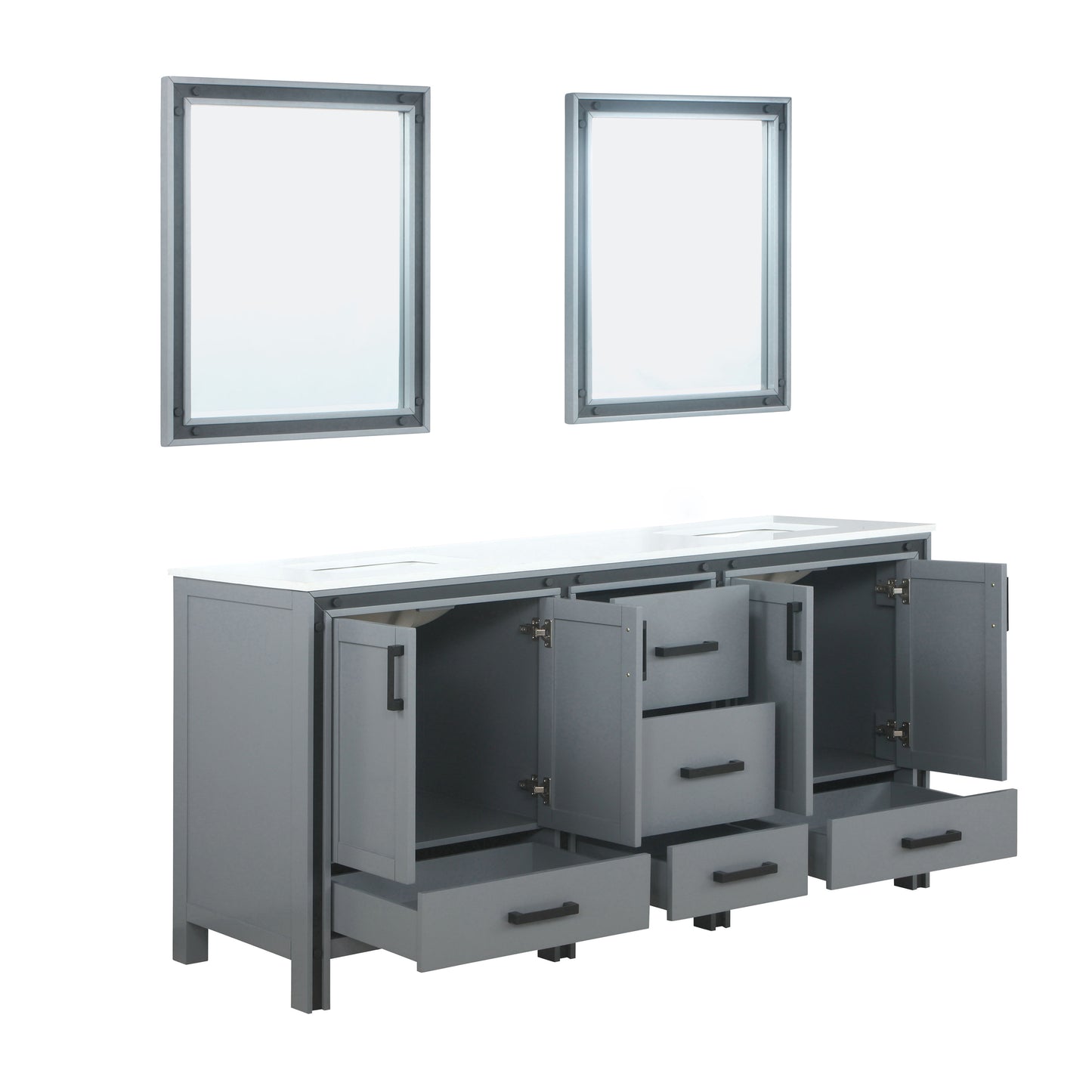 Ziva 72" Dark Grey Double Vanity, Cultured Marble Top, White Square Sink and 30" Mirrors