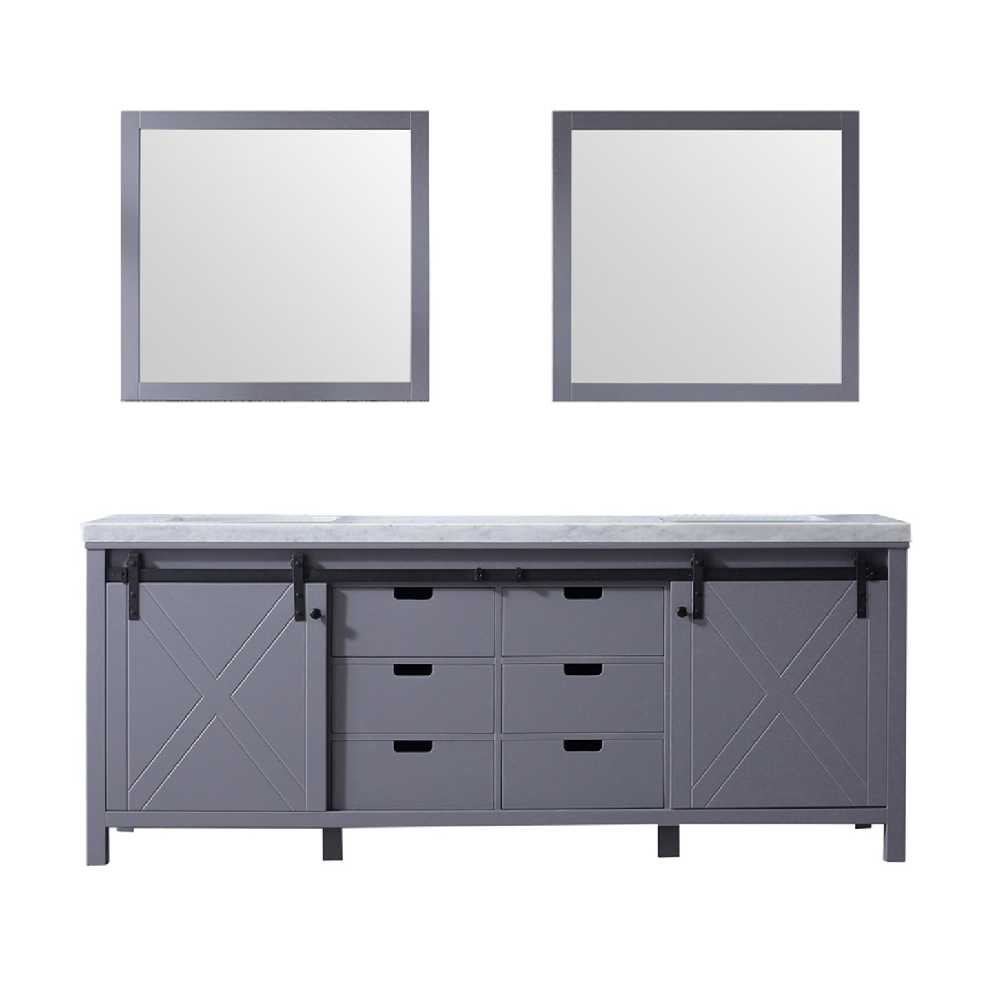 Marsyas 84" Dark Grey Double Vanity, White Carrara Marble Top, White Square Sinks and 34" Mirrors