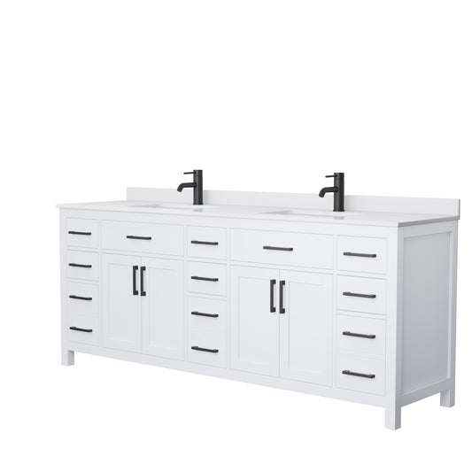 Beckett 84 Inch Double Bathroom Vanity in White, White Cultured Marble Countertop, Undermount Square Sinks, Matte Black Trim