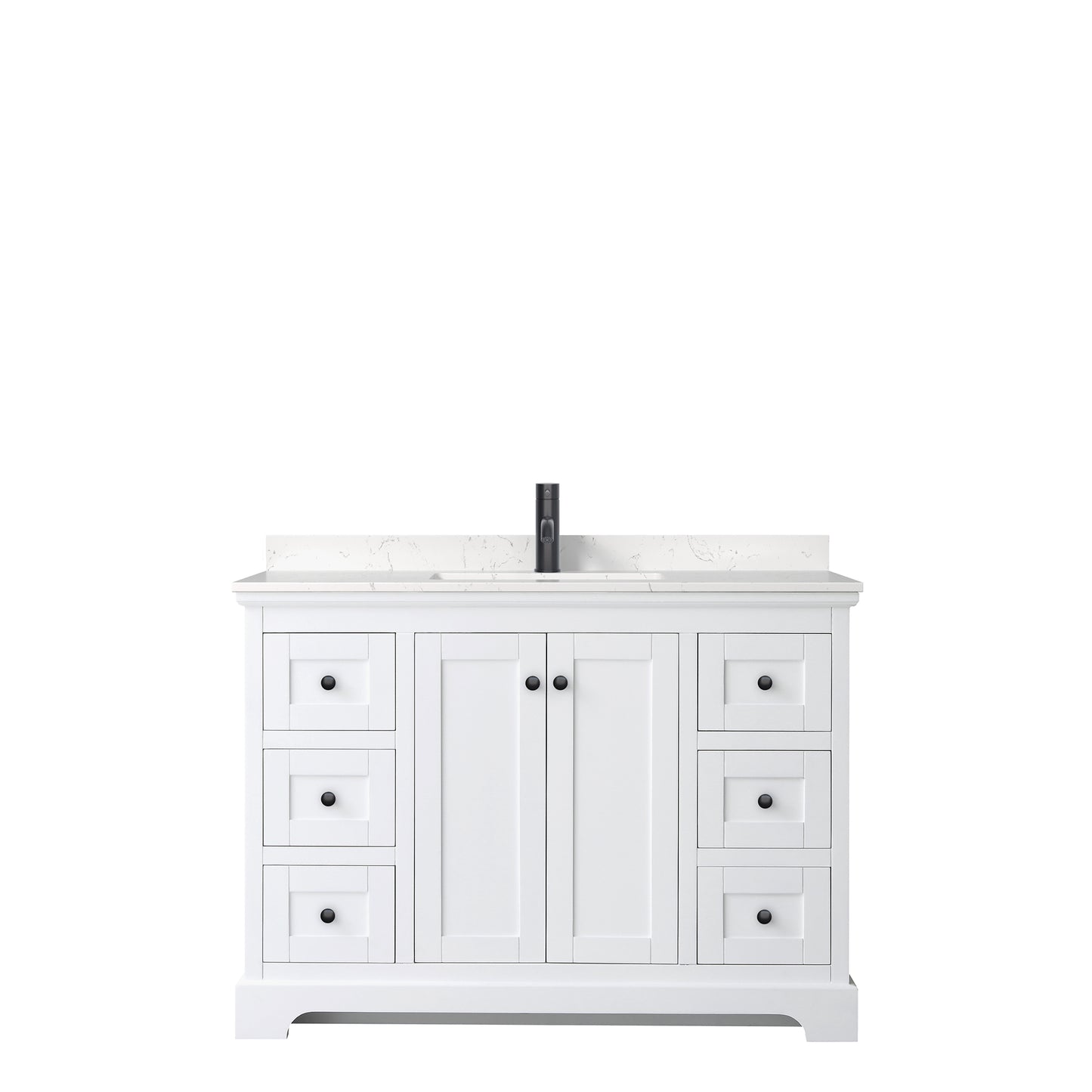 Avery 48 Inch Single Bathroom Vanity in White, Carrara Cultured Marble Countertop, Undermount Square Sink, Matte Black Trim