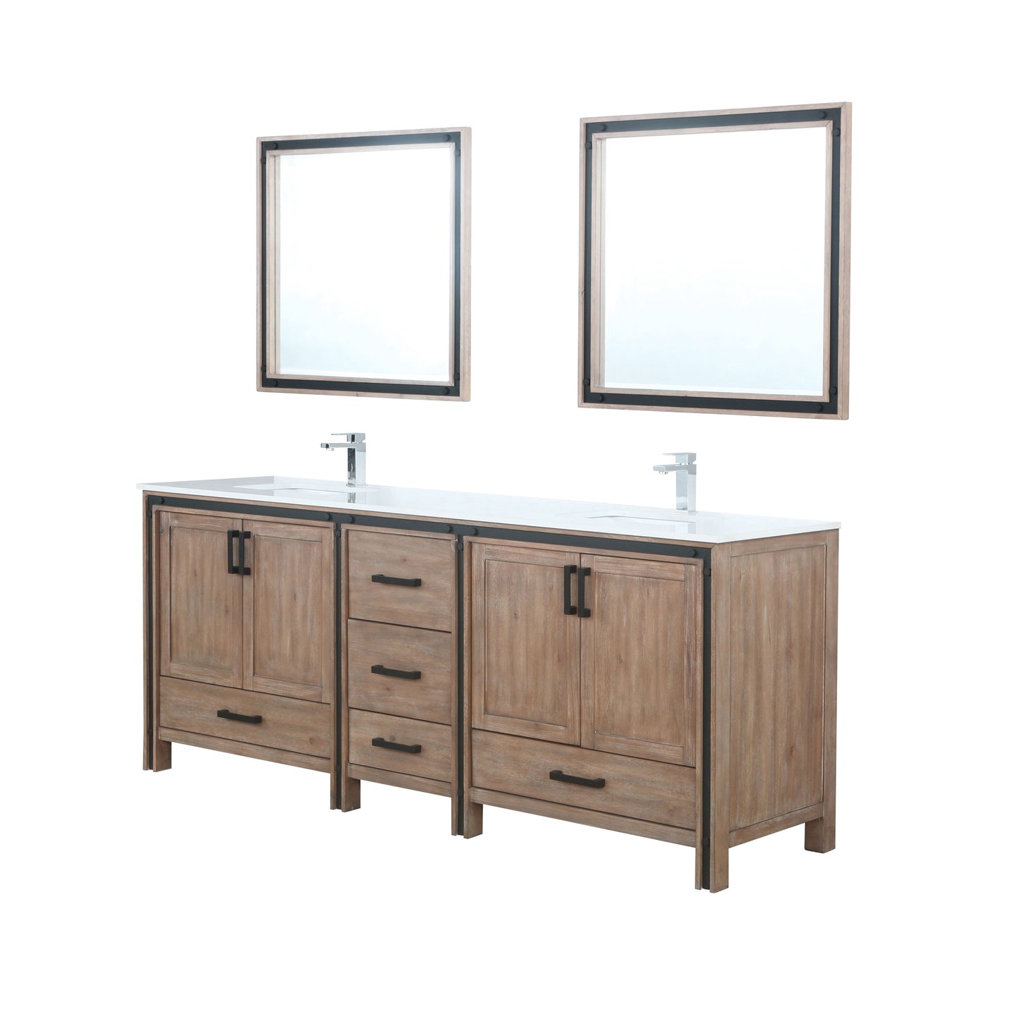 Ziva 84" Rustic Barnwood Double Vanity, Cultured Marble Top, White Square Sink and 34" Mirrors w/ Faucet