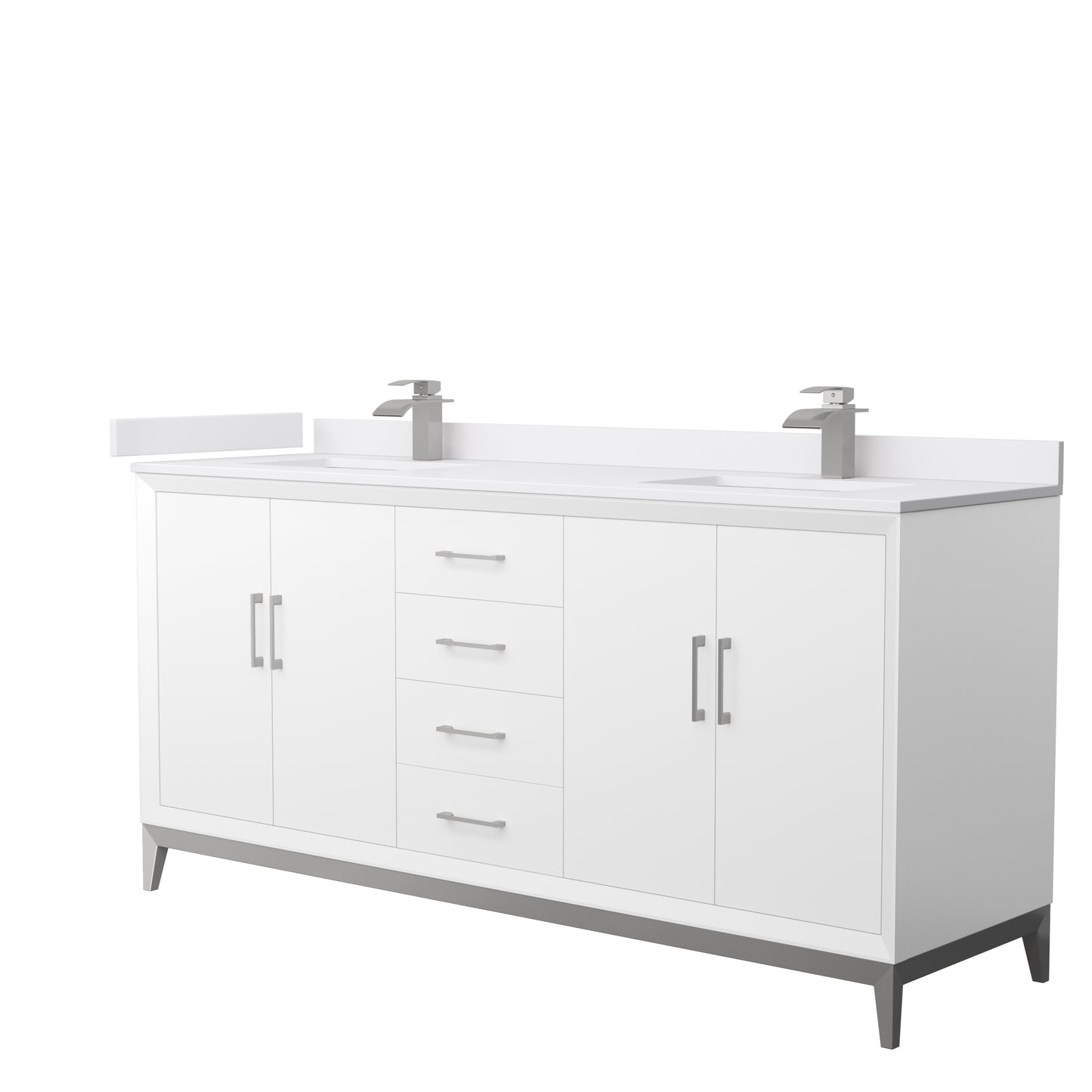 Amici 72 Inch Double Bathroom Vanity in White, White Cultured Marble Countertop, Undermount Square Sinks, Brushed Nickel Trim