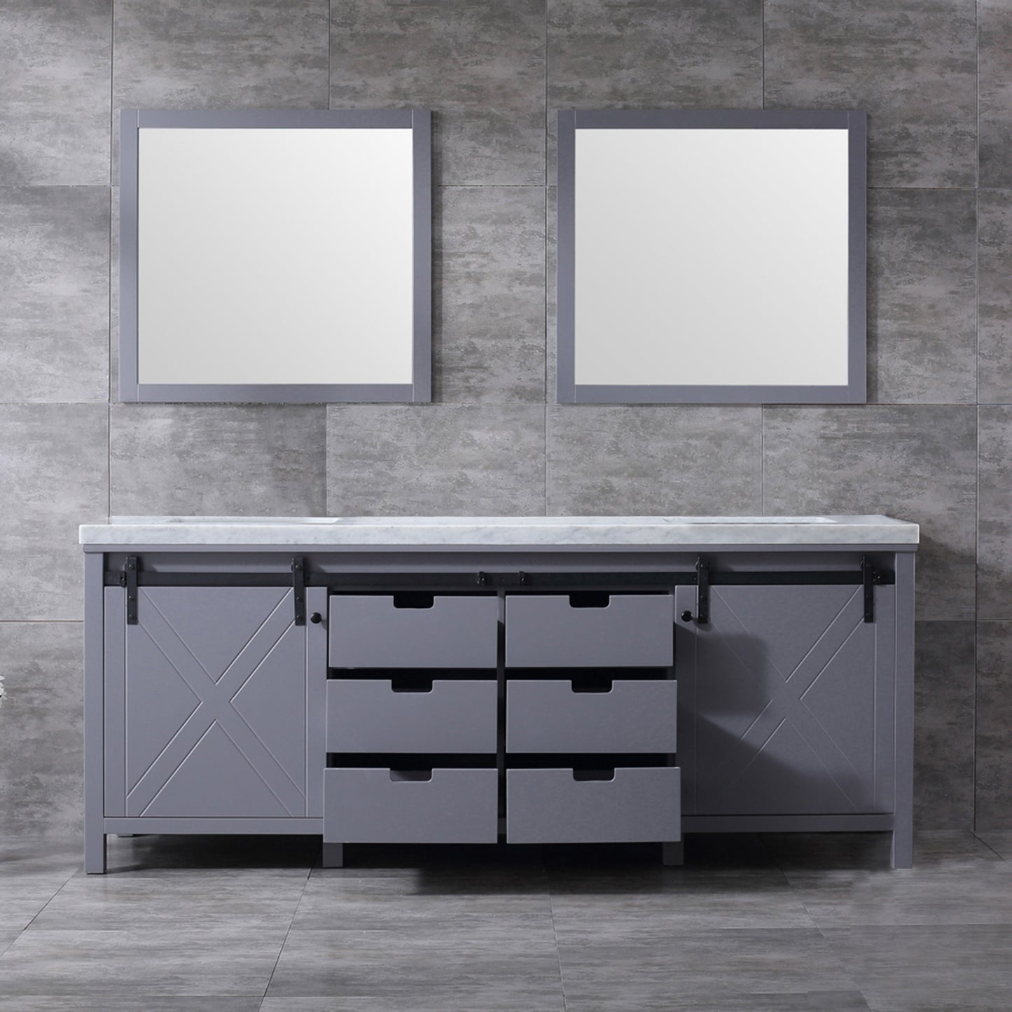 Marsyas 84" Dark Grey Double Vanity, White Carrara Marble Top, White Square Sinks and 34" Mirrors