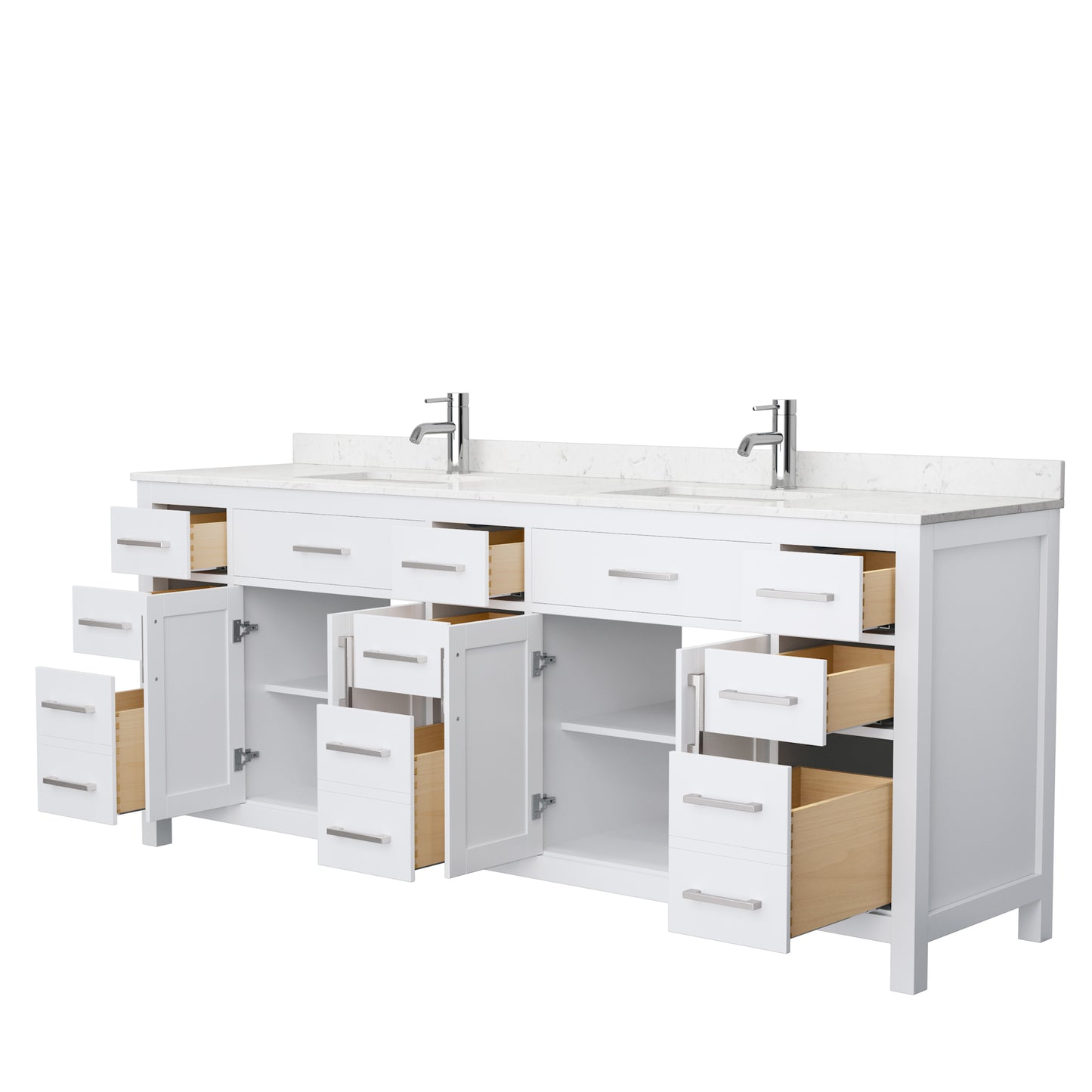 Beckett 84 Inch Double Bathroom Vanity in White, Carrara Cultured Marble Countertop, Undermount Square Sinks, No Mirror