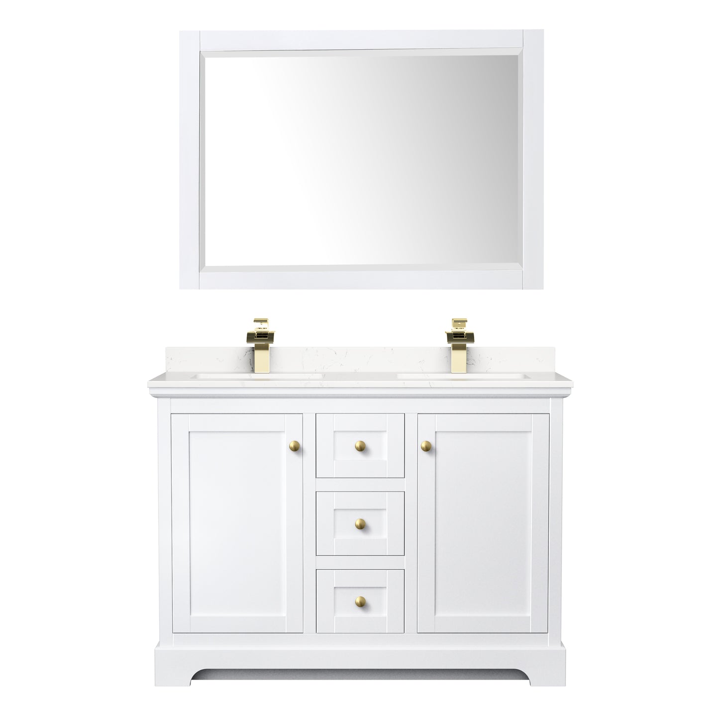 Avery 48 Inch Double Bathroom Vanity in White, Carrara Cultured Marble Countertop, Undermount Square Sinks, 46 Inch Mirror, Brushed Gold Trim