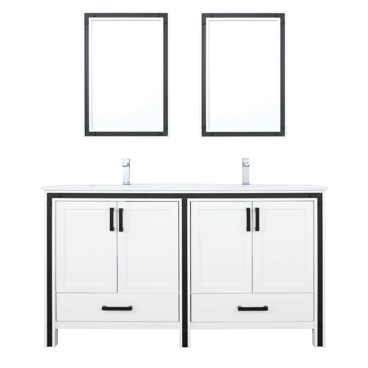 Ziva 60" White Double Vanity, Cultured Marble Top, White Square Sink and 22" Mirrors w/ Faucet