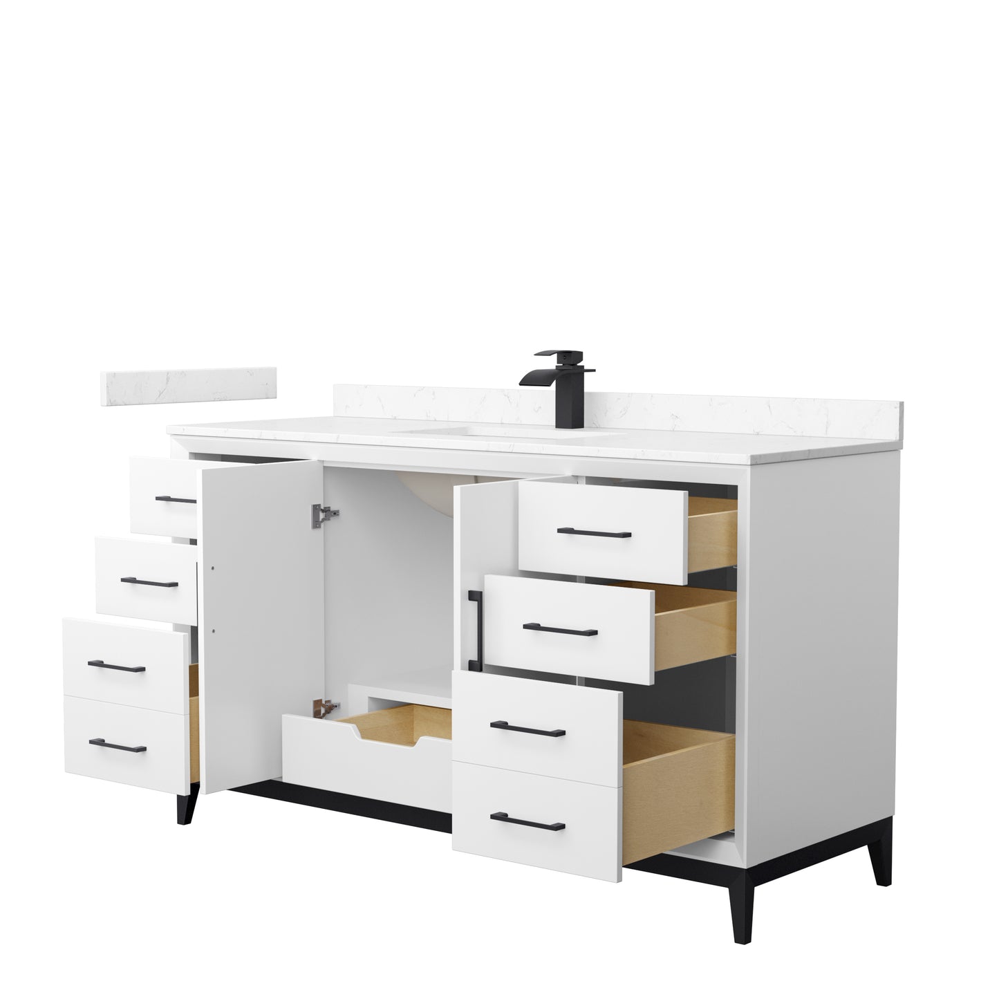 Amici 60 Inch Single Bathroom Vanity in White, Carrara Cultured Marble Countertop, Undermount Square Sink, Matte Black Trim