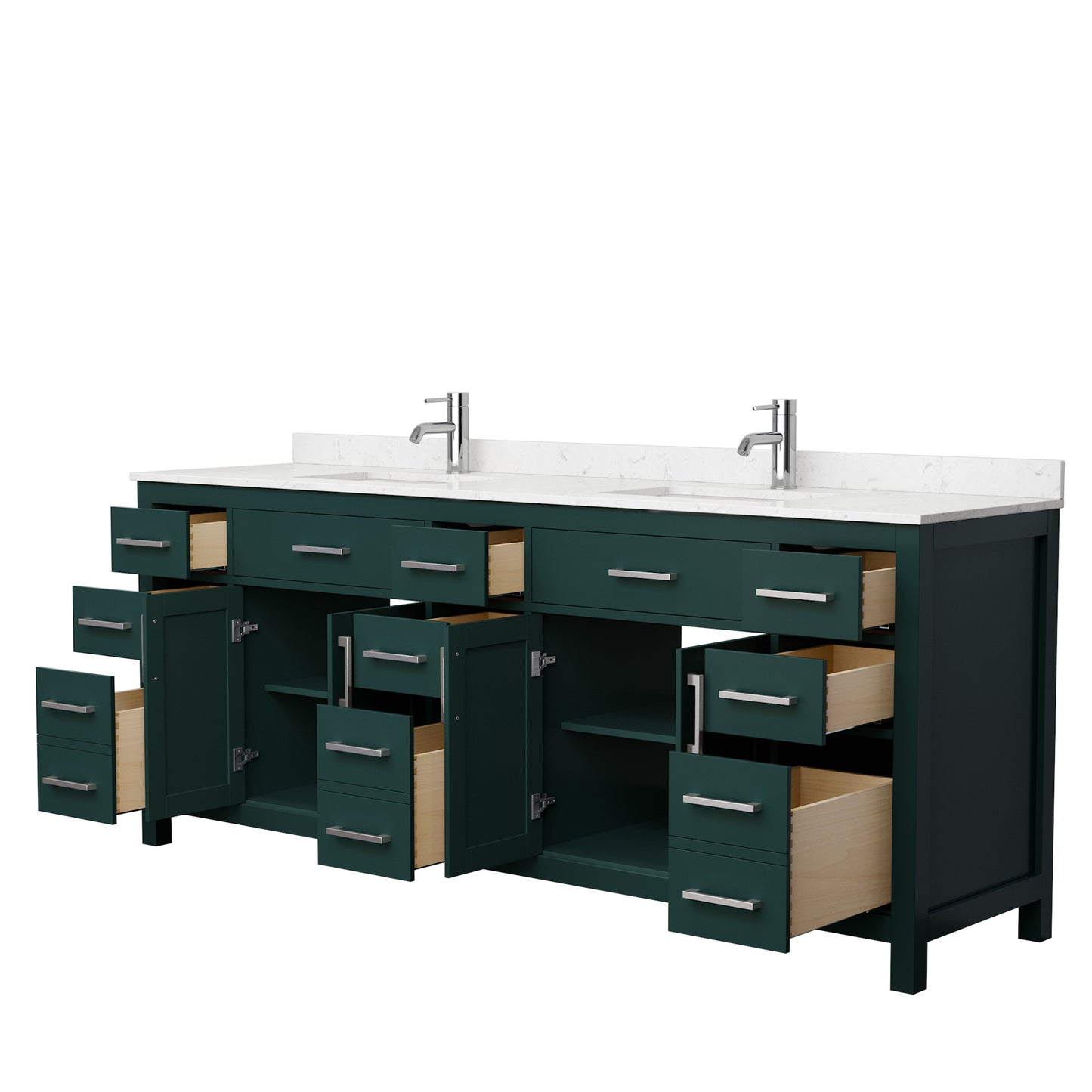 Beckett 84 Inch Double Bathroom Vanity in Green, Carrara Cultured Marble Countertop, Undermount Square Sinks, Brushed Nickel Trim