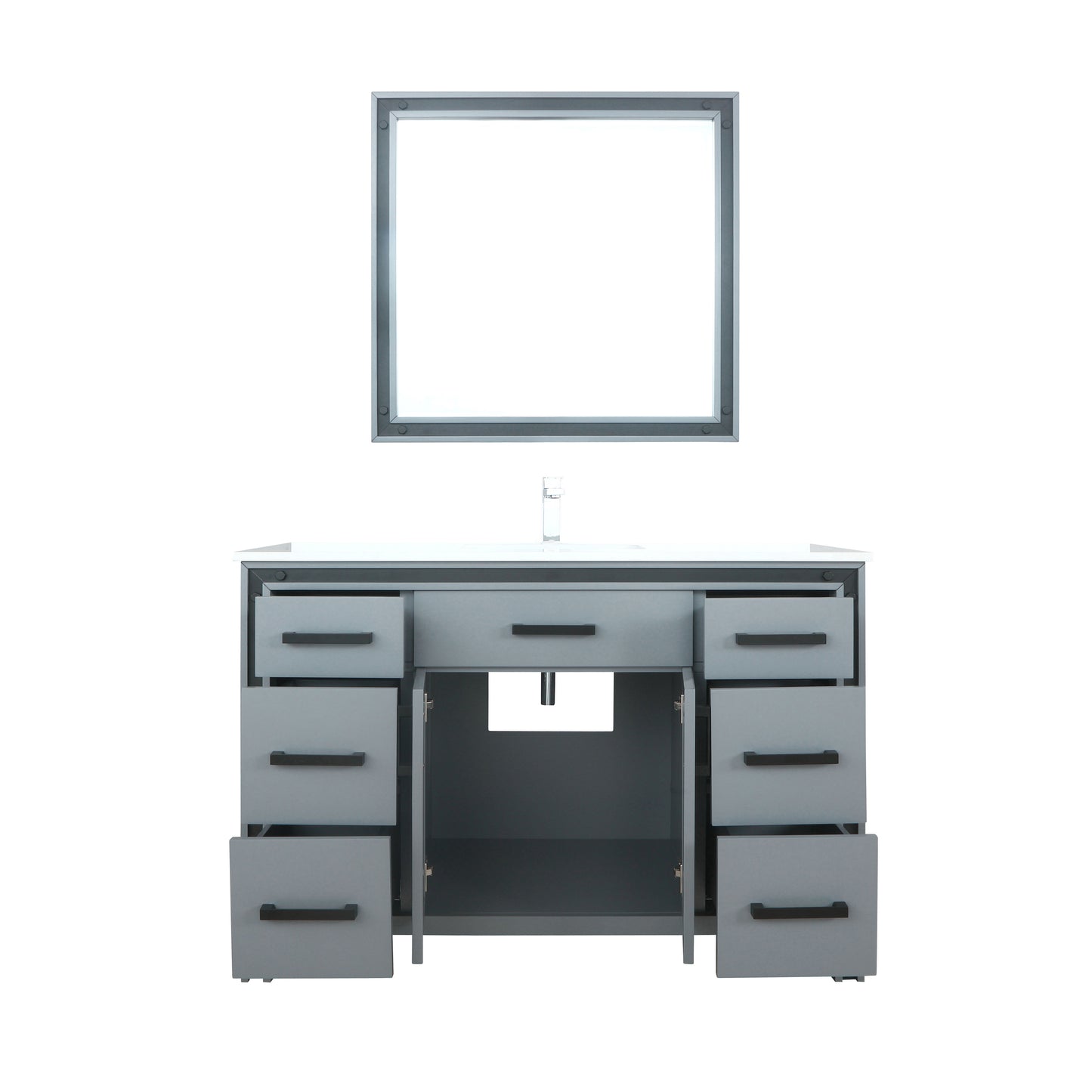 Ziva 48" Dark Grey Single Vanity, Cultured Marble Top, White Square Sink and 34" Mirror w/ Faucet