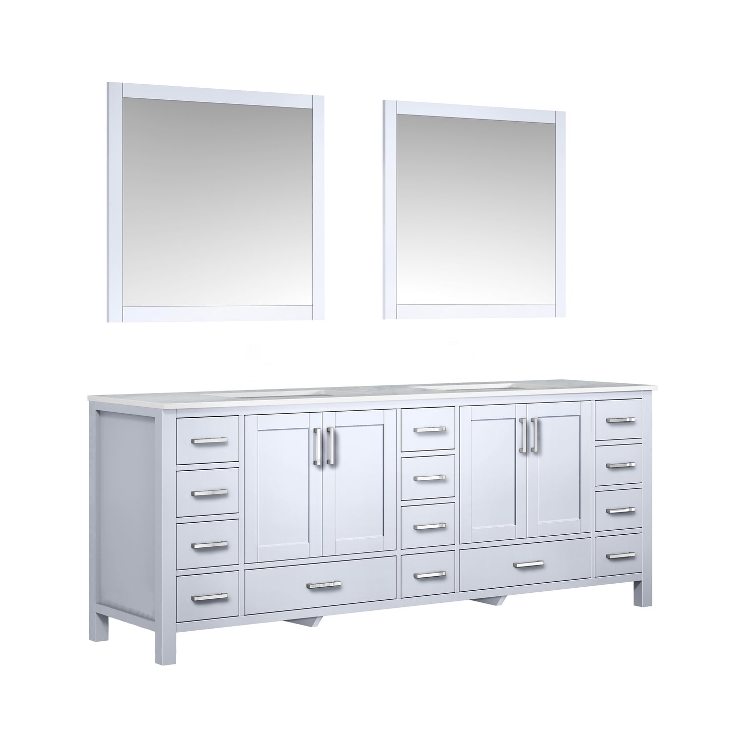 Jacques 84" White Double Vanity, White Carrara Marble Top, White Square Sinks and 34" Mirrors