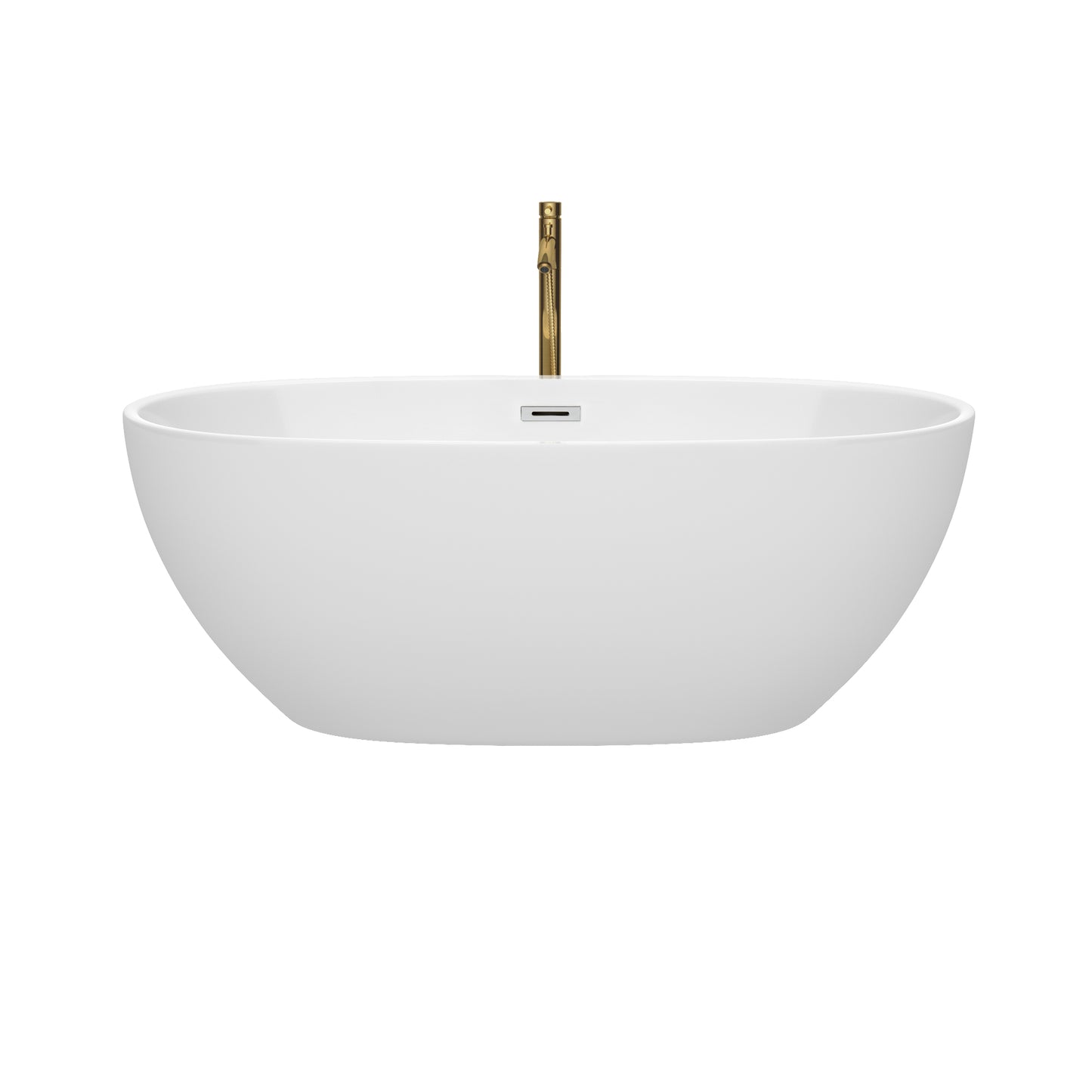 Juno 63 Inch Freestanding Bathtub in White with Polished Chrome Trim and Floor Mounted Faucet in Brushed Gold