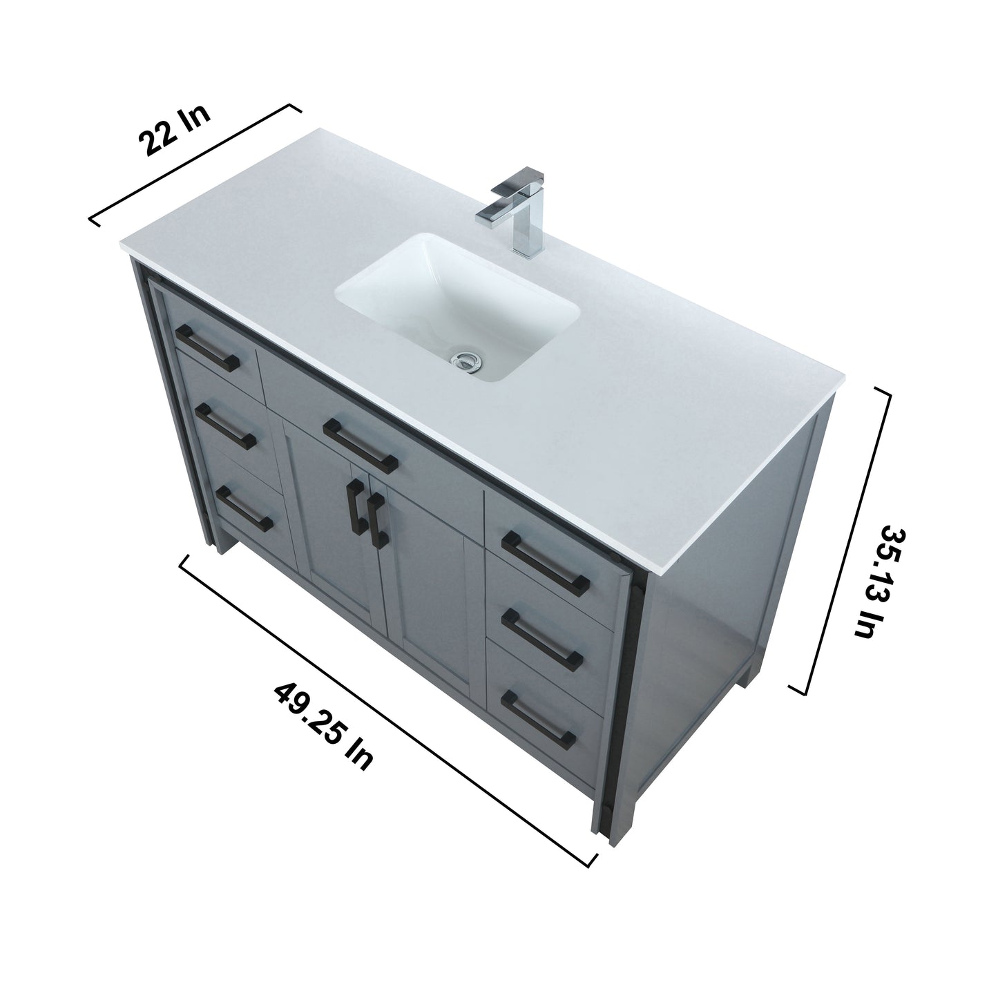 Ziva 48" Dark Grey Single Vanity, Cultured Marble Top, White Square Sink and 34" Mirror w/ Faucet