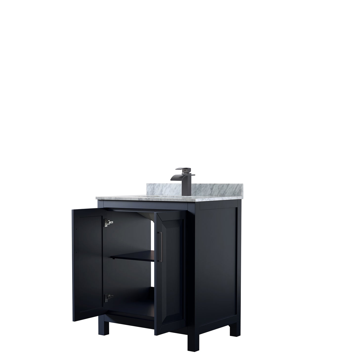 Daria 30 Inch Single Bathroom Vanity in Dark Blue, White Carrara Marble Countertop, Undermount Square Sink, Matte Black Trim