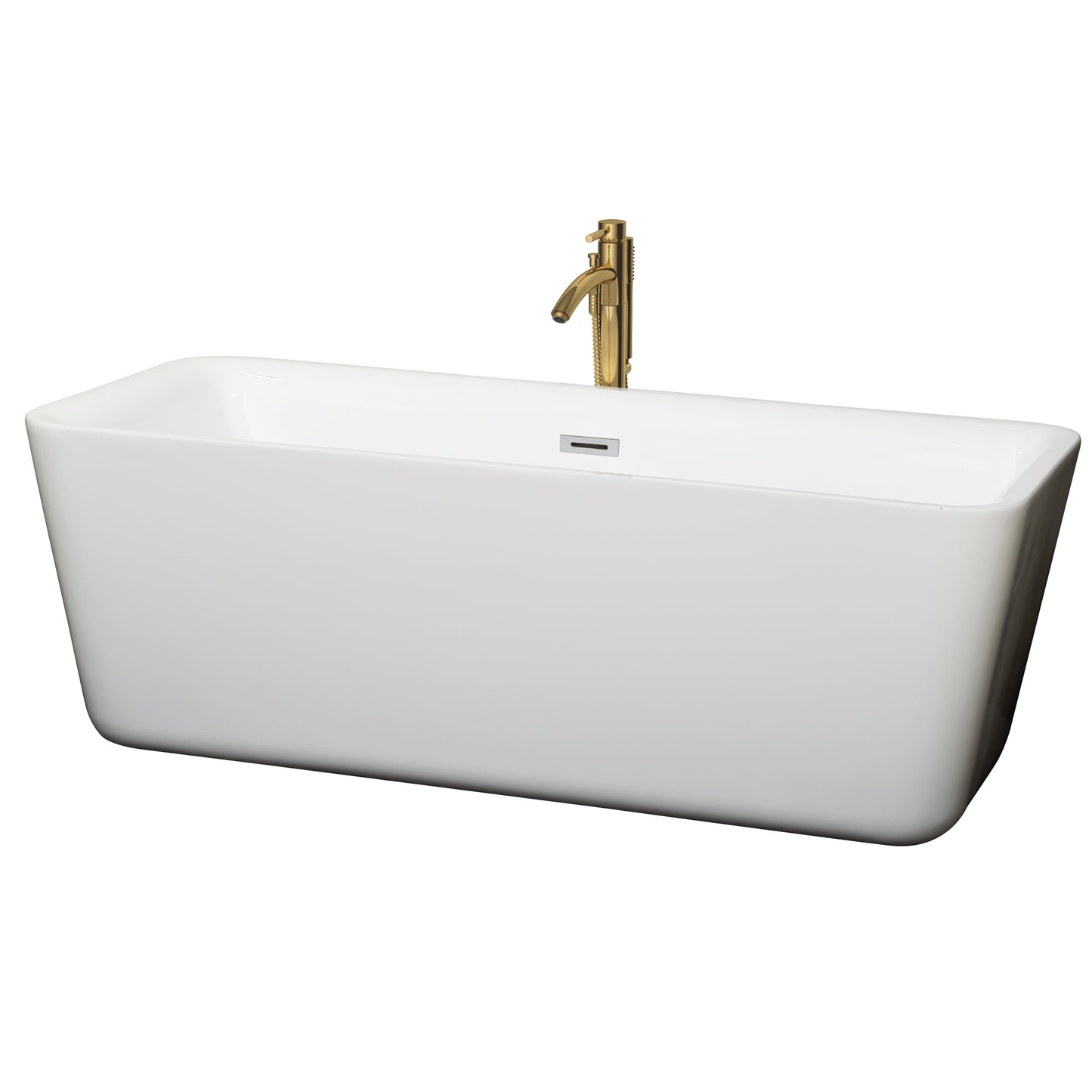 Emily 69 Inch Freestanding Bathtub in White with Polished Chrome Trim and Floor Mounted Faucet in Brushed Gold