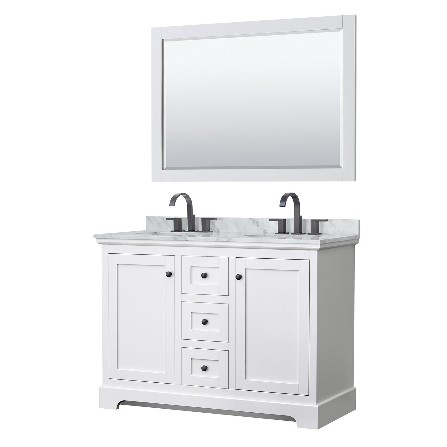 Avery 48 Inch Double Bathroom Vanity in White, White Carrara Marble Countertop, Undermount Oval Sinks, Matte Black Trim, 46 Inch Mirror