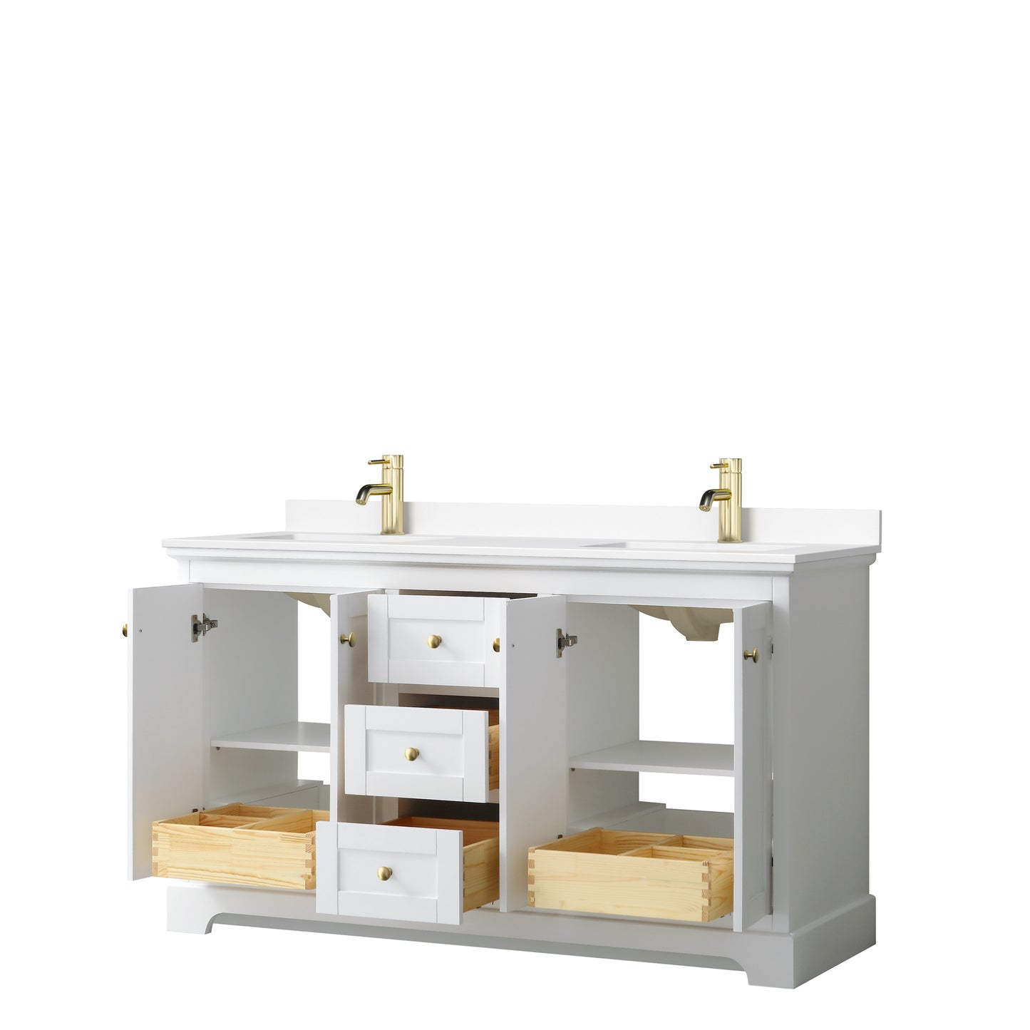 Avery 60 Inch Double Bathroom Vanity in White, White Cultured Marble Countertop, Undermount Square Sinks, Brushed Gold Trim