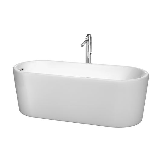 Ursula 67 Inch Freestanding Bathtub in White with Floor Mounted Faucet, Drain and Overflow Trim in Polished Chrome