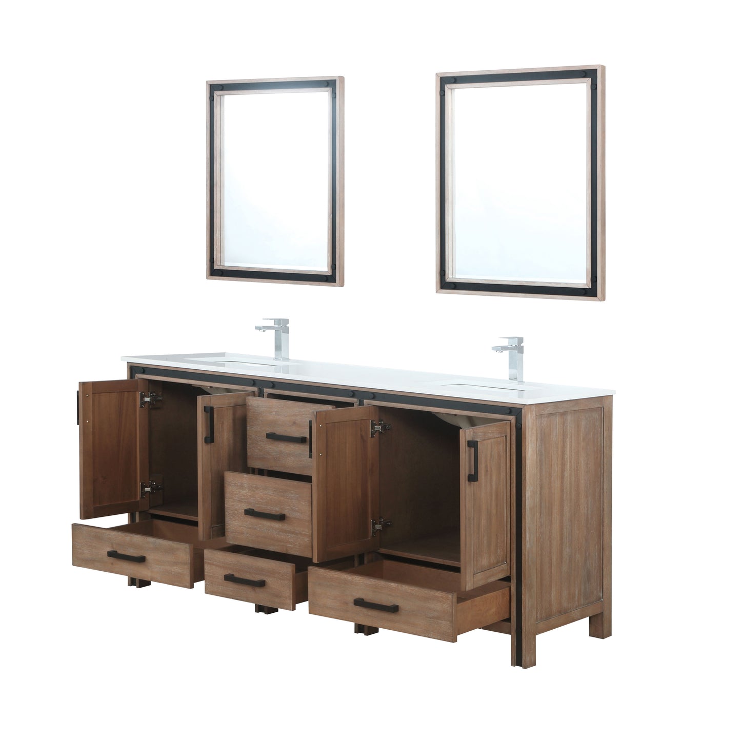 Ziva 72" Rustic Barnwood Double Vanity, Cultured Marble Top, White Square Sink and 30" Mirrors w/ Faucet