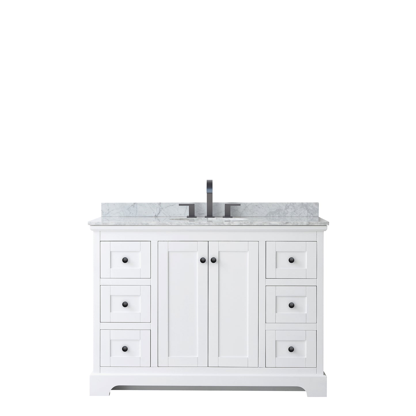 Avery 48 Inch Single Bathroom Vanity in White, White Carrara Marble Countertop, Undermount Oval Sink, Matte Black Trim