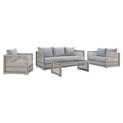 Modway Aura Outdoor Patio Wicker RattanSofa, Loveseat, Armchair and Coffee Table in Gray Gray