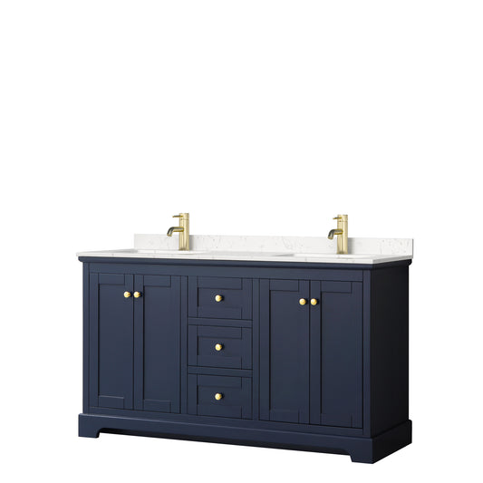Avery 60 Inch Double Bathroom Vanity in Dark Blue, Carrara Cultured Marble Countertop, Undermount Square Sinks, No Mirror