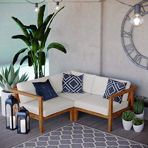 Modway Bayport Outdoor Patio Teak Wood Sectional Sofa Set