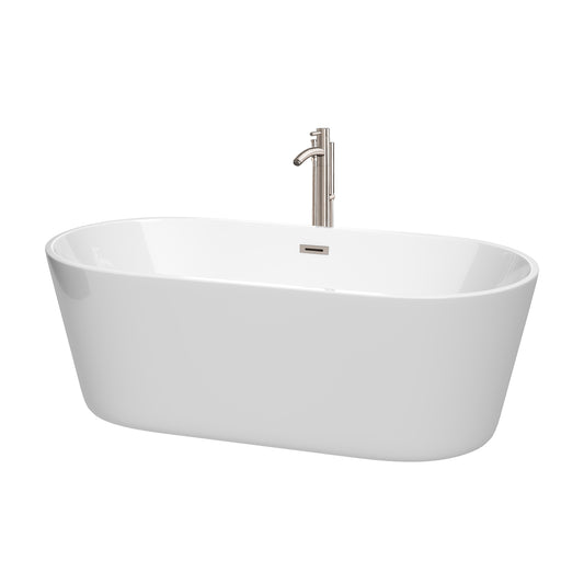 Carissa 67 Inch Freestanding Bathtub in White with Floor Mounted Faucet, Drain and Overflow Trim in Brushed Nickel