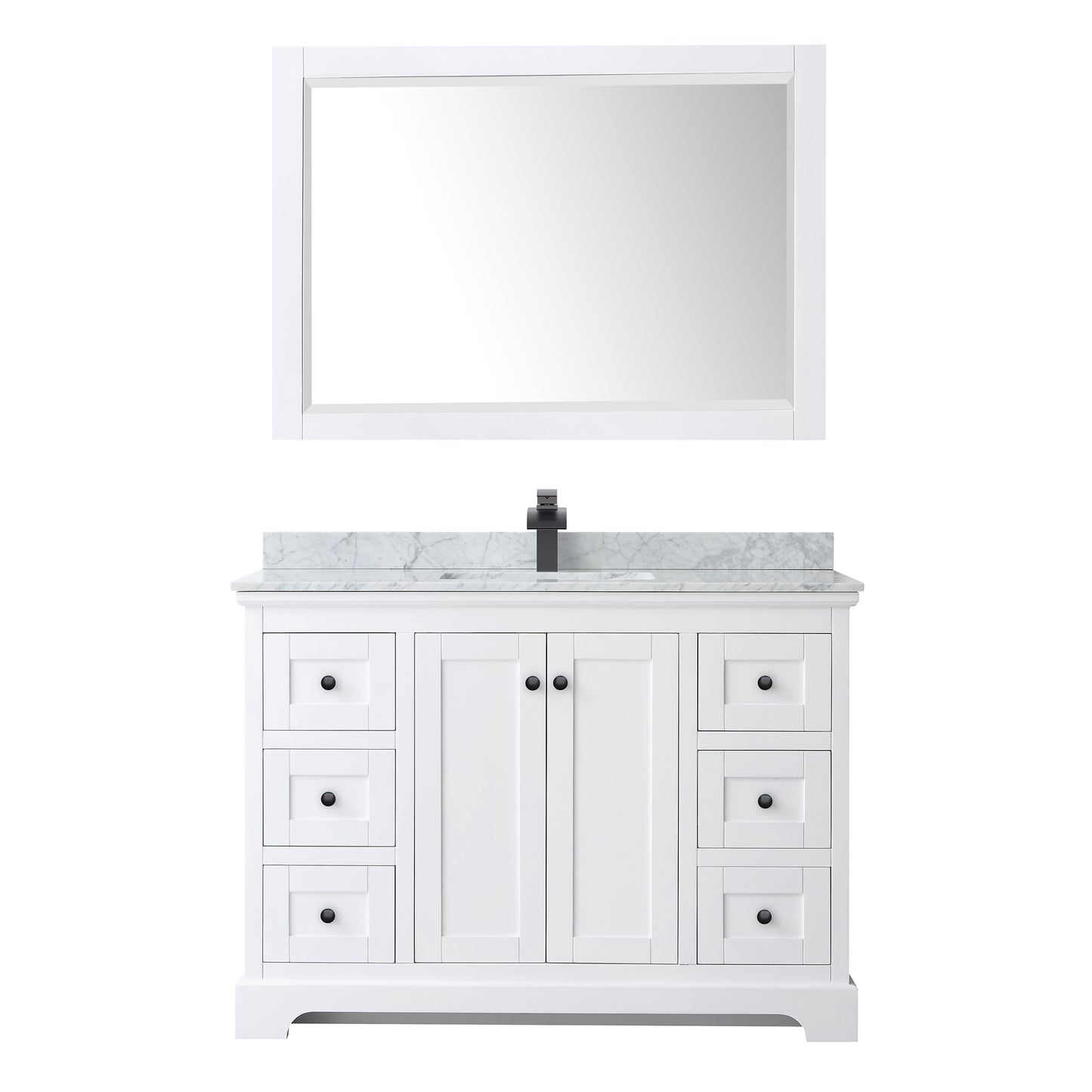 Avery 48 Inch Single Bathroom Vanity in White, White Carrara Marble Countertop, Undermount Square Sink, Matte Black Trim, 46 Inch Mirror