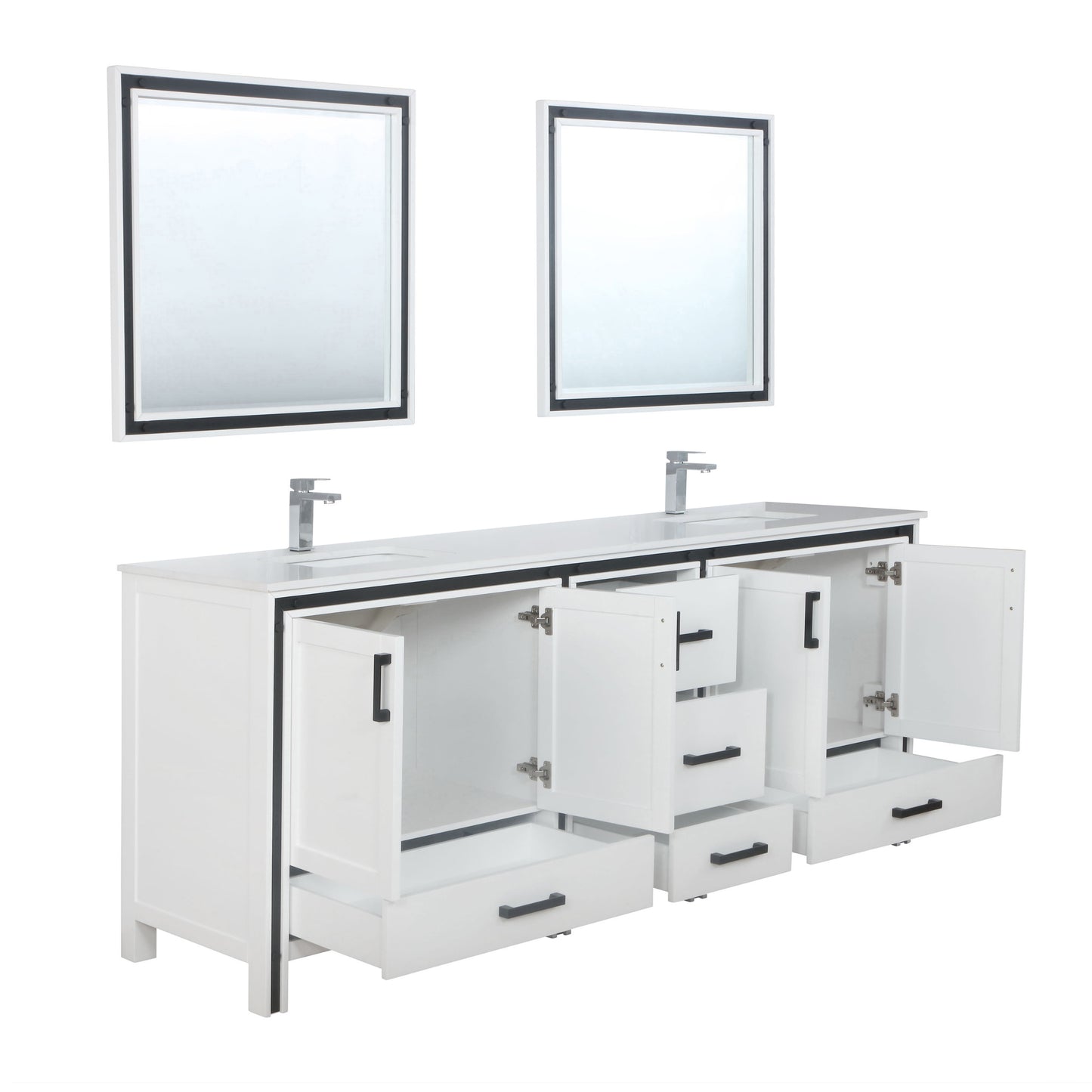 Ziva 84" White Double Vanity, Cultured Marble Top, White Square Sink and 34" Mirrors w/ Faucet