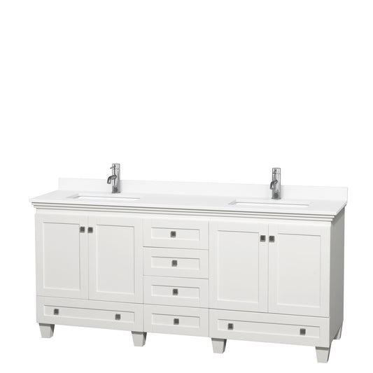 Acclaim 72 Inch Double Bathroom Vanity in White, White Cultured Marble Countertop, Undermount Square Sinks, No Mirrors