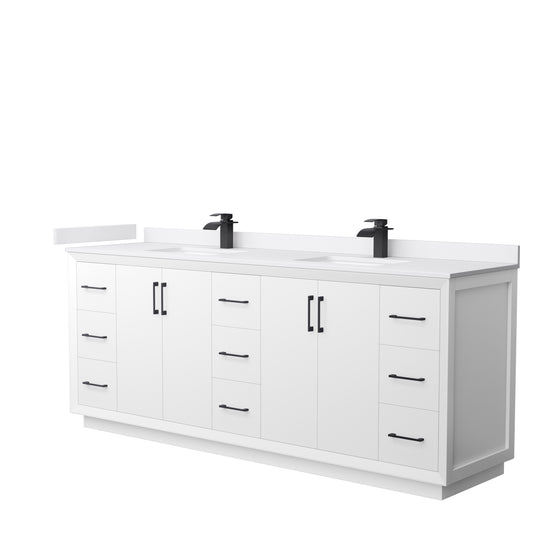 Strada 84 Inch Double Bathroom Vanity in White, White Cultured Marble Countertop, Undermount Square Sink, Matte Black Trim