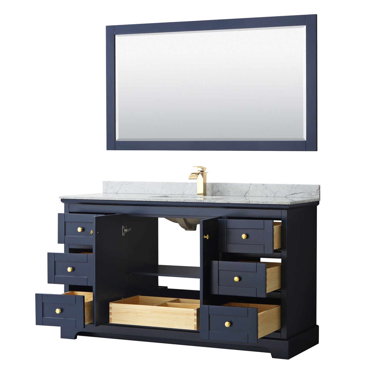 Avery 60 Inch Single Bathroom Vanity in Dark Blue, White Carrara Marble Countertop, Undermount Square Sink, and 58 Inch Mirror