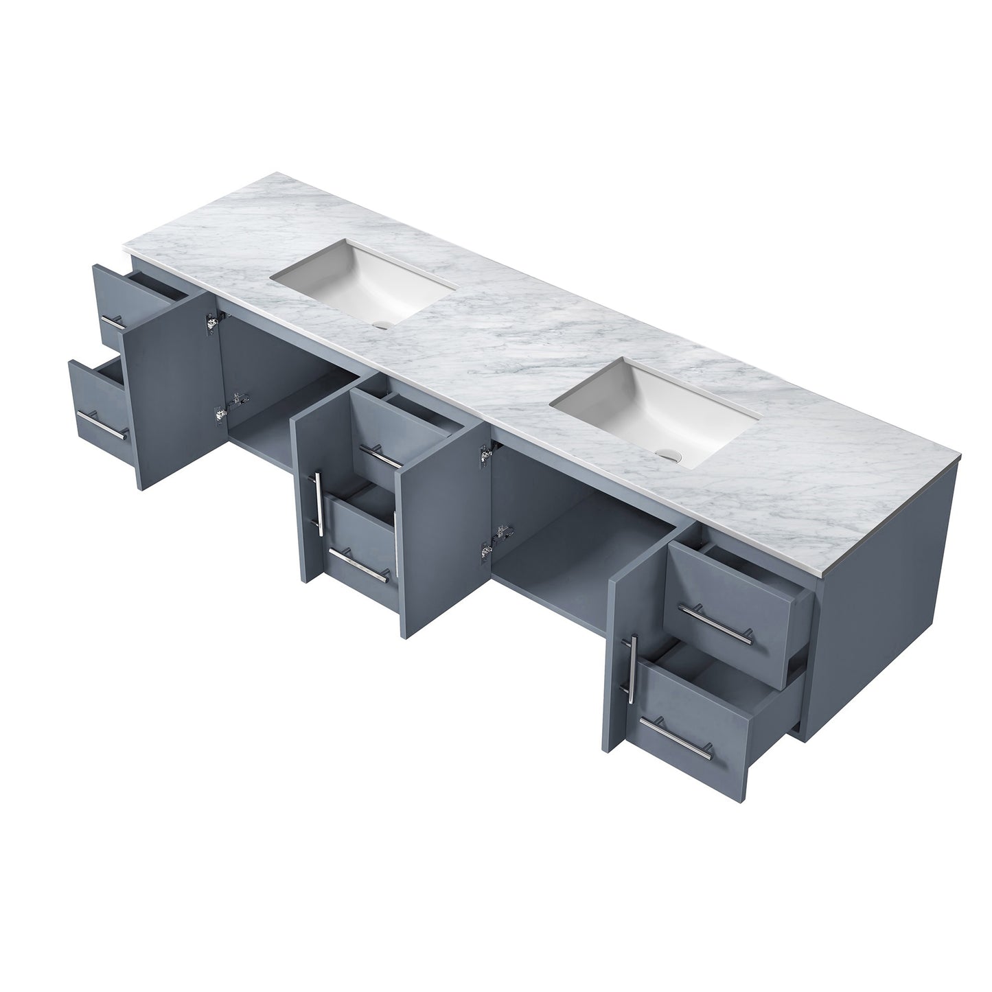 Geneva 84" Dark Grey Double Vanity, White Carrara Marble Top, White Square Sinks and no Mirror