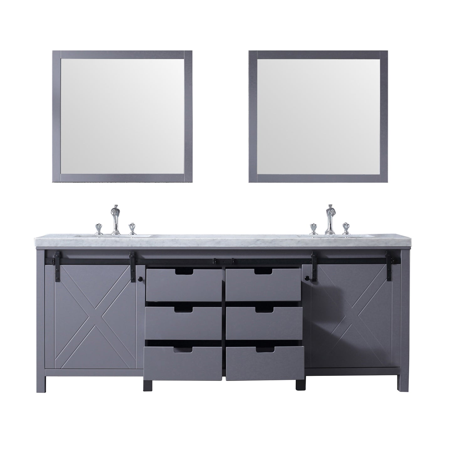 Marsyas 84" Dark Grey Double Vanity, White Carrara Marble Top, White Square Sinks and 34" Mirrors w/ Faucets