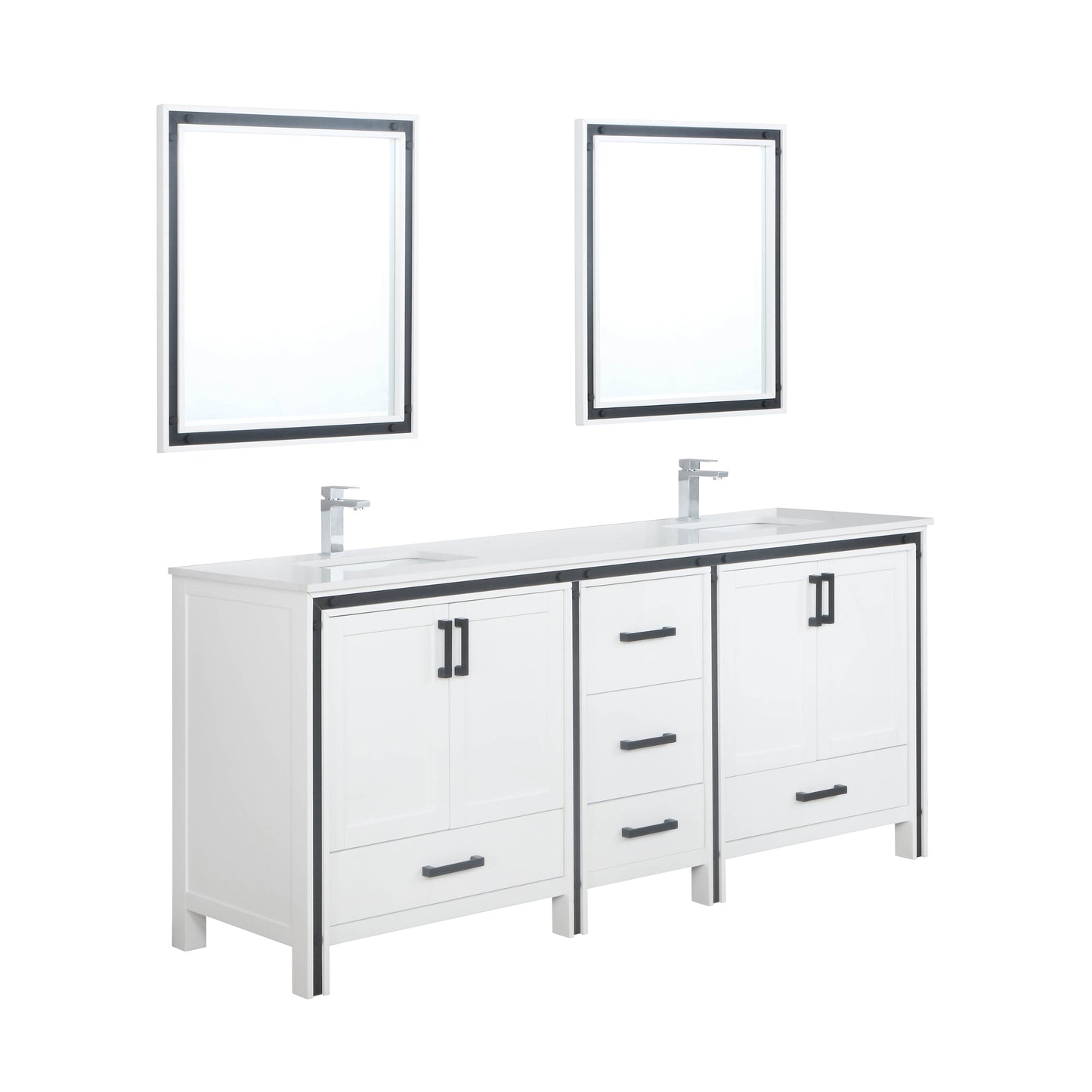 Ziva 80" White Double Vanity, Cultured Marble Top, White Square Sink and 30" Mirrors w/ Faucet